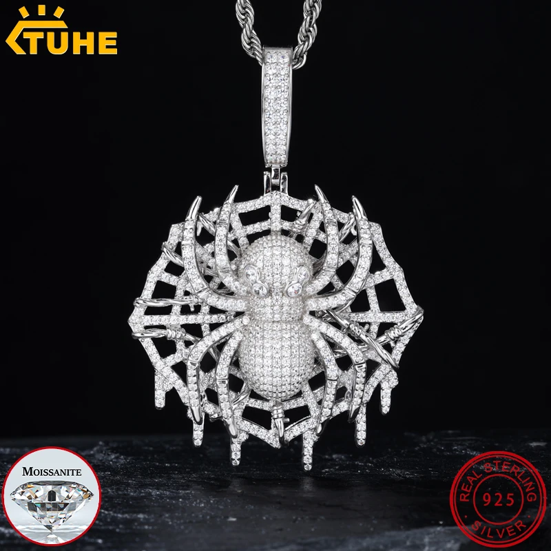 TUHE هايت الجودة VVS1 مويسانيتي العنكبوت قلادة 925 فضة قلادة للرجال الهيب هوب مجوهرات #1