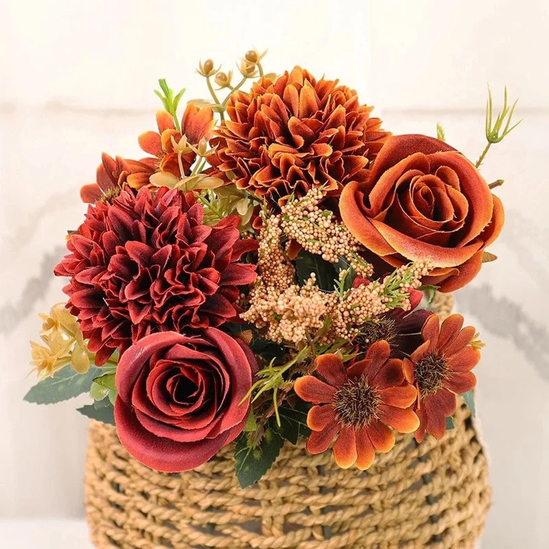 Flores Artificiales de Otoño, Ramo de Margaritas y Rosas de Seda, Decoración para el Hogar, Mesa de Boda, Flor Artificial para Jarrón, Decoración Festiva para Habitaciones, Manualidades