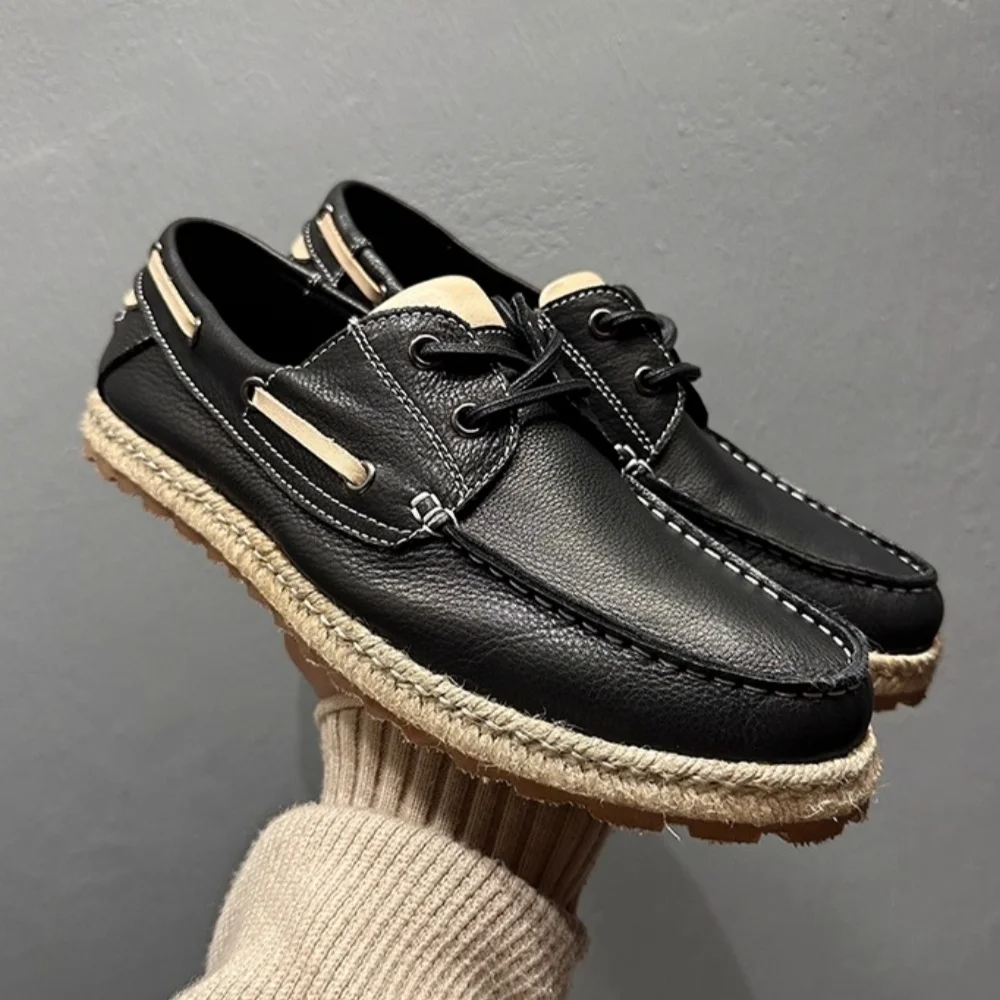 QHCCID 남성용 레트로 수제 캐주얼 신발 천연 가죽 통기성 부드러운 소가죽 보트 피셔맨 슈즈