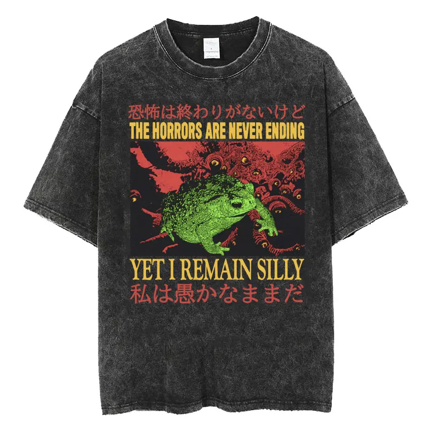 The Horrors Are Never Ending Yet I Remain Silly T-shirt Funny Japanese Style Frog Retro Washed T Shirt Men's Tees Tops