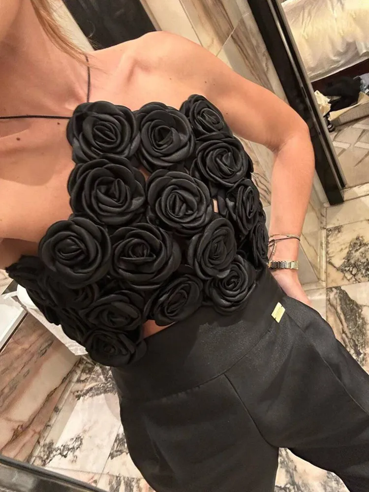 Women Summer Celebrity Sexy Halter Backless Flower Black Bandage Tops 2024 Celebrity Designer Fashion High Street Top