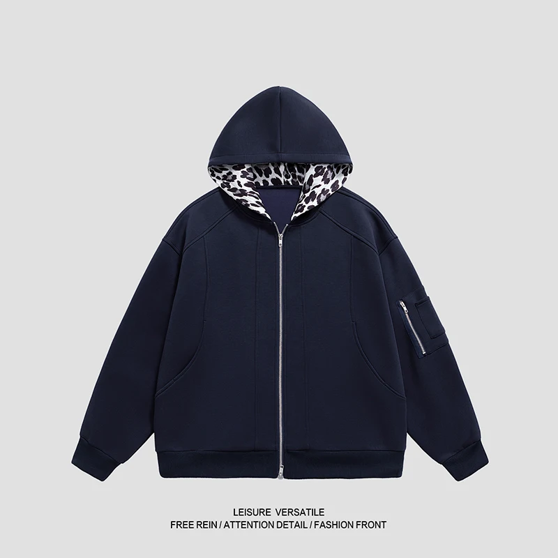 

Men's Versatile Zip - Up Jacket with Standout Leopard - Patterned Hood Detail: Great for Daily Wear and Casual Social Gatherings