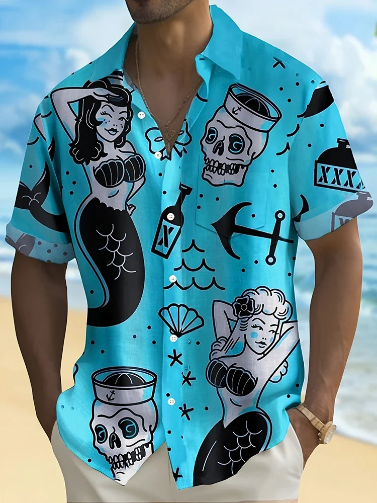 

Summer Men's Fashion Casual Social Hawaiian Floral Skull Short Sleeve Shirt Luxury Elegant Dazn Vintage Vacation Resorts Clothes