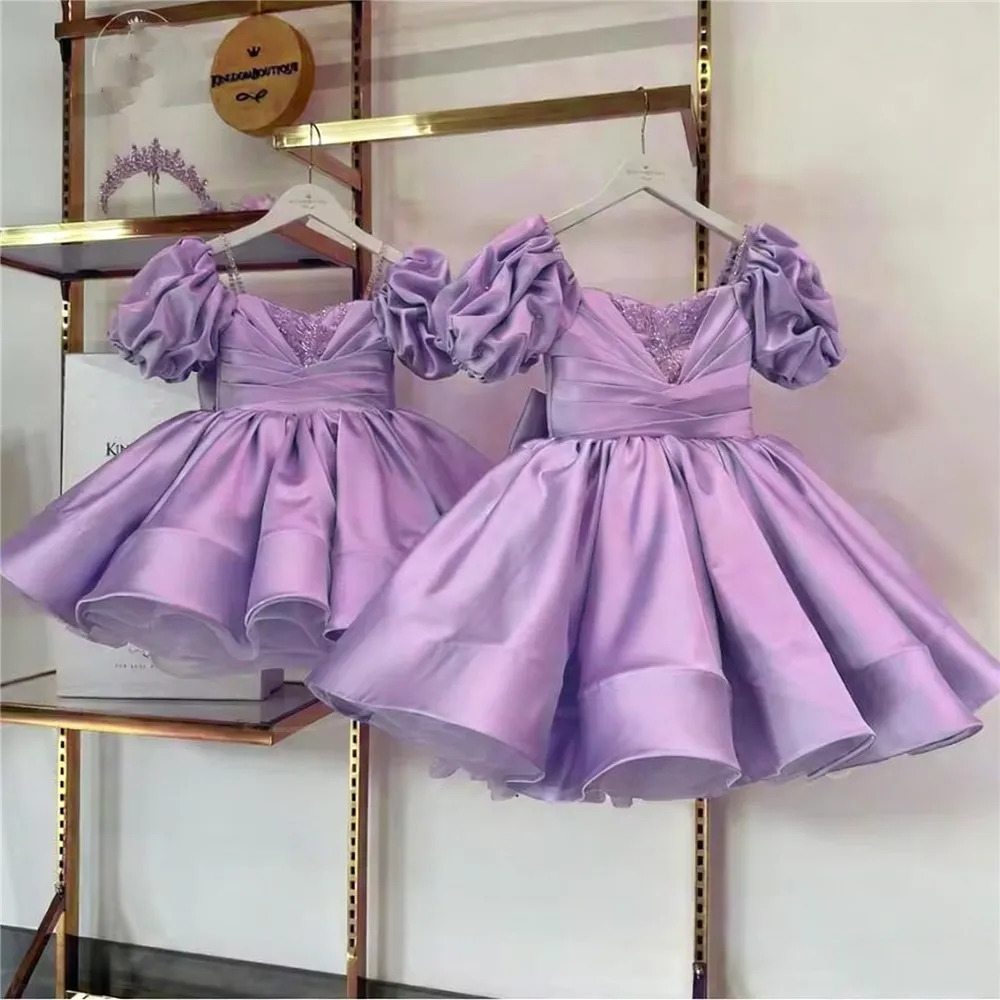

Luxury Purple Beaded Flower Girl Wedding Dress Satin Off Shoulder Puffy With Bow Kids Birthday Baby First Communion Ball Gown
