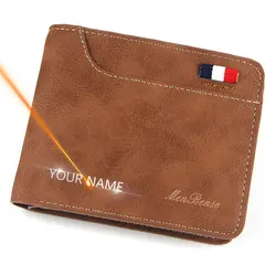 New Short Men Wallets Luxury PU Leather Name Customized Slim Male Wallet Photo Holder Classic Frosted 3-Fold Small Men's Purses