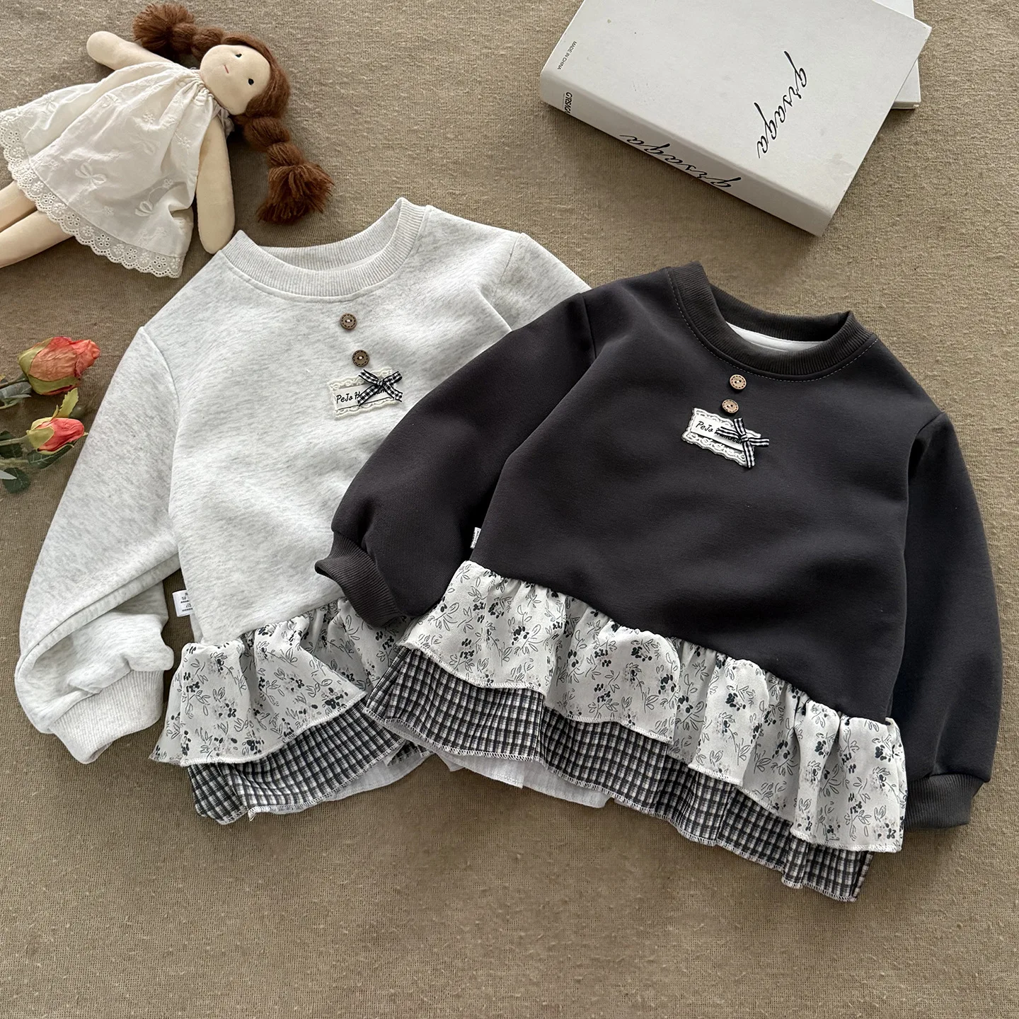 2026 Spring/Autumn New Hoodie with Lace Top, Children's Checkered T-shirt Treasure Inner, Girls' Long Sleeve Bottom