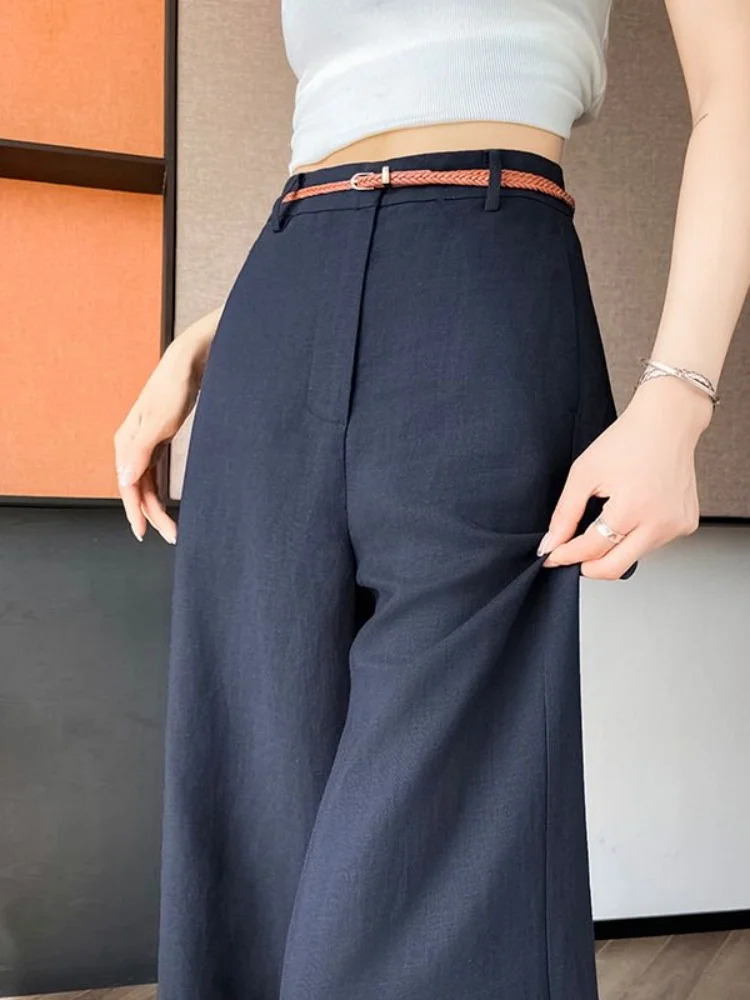 High Waist Narrow Cut Linen Cotton Wide Leg Pants Women's Summer Thin New Style Tailored Suit Trousers Drapey Straight Leg