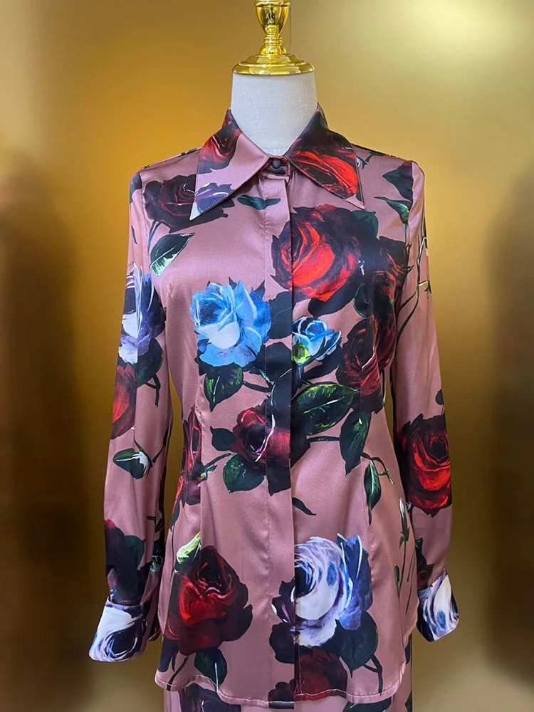 2025 Spring women's new retro foundation rose print 16 m meter stretch satin silk shirt + high-waisted hip skirt fashion set