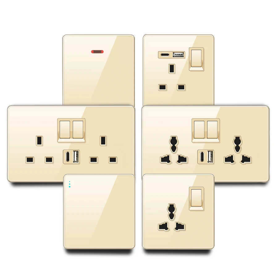 Gold Glass 13A Three-hole USB Switch 86 146 Socket British Standard 110V-250V Wall Power Outlet Ground