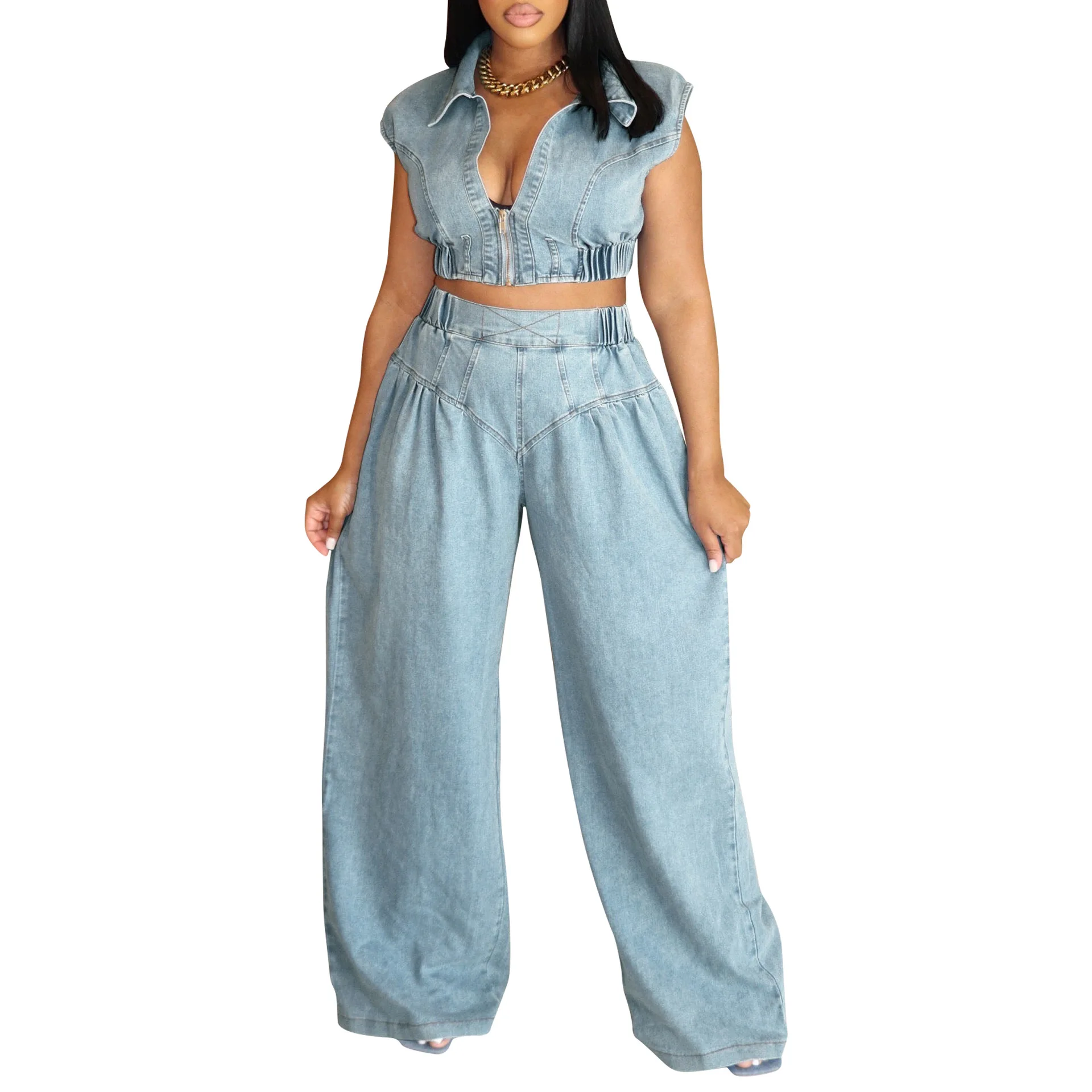 

Женский комплект из двух предметов, джинсовые одинаковые комплекты, сексуальные топы с высокой талией Y2k, уличная одежда, элегантные рабочие широкие длинные брюки, летние