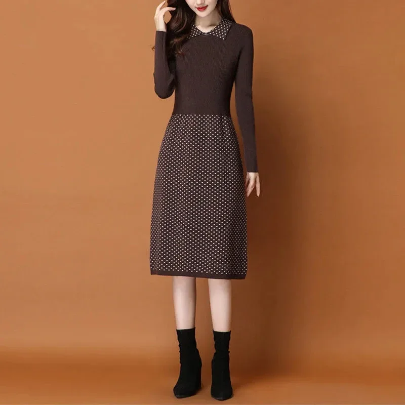 

Thick Dot Print Knitted Dress Patchwork Loose Midi Dresses Fall Winter Knitwear Vestido Elegant Women Bottoming Sweater J133