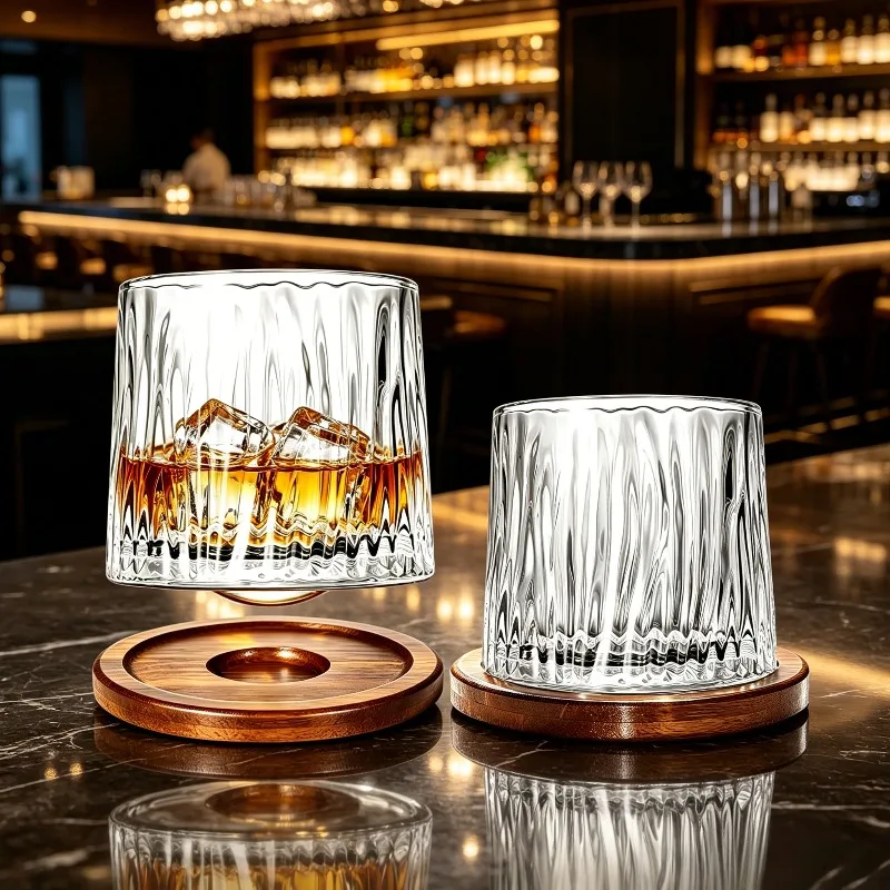 1pc Tumbler Whiskey Glass with Round Wooden Coaster Whiskey Glass Rotating Cup Wine Brandy Glass Wine Bar for Family Gatherings