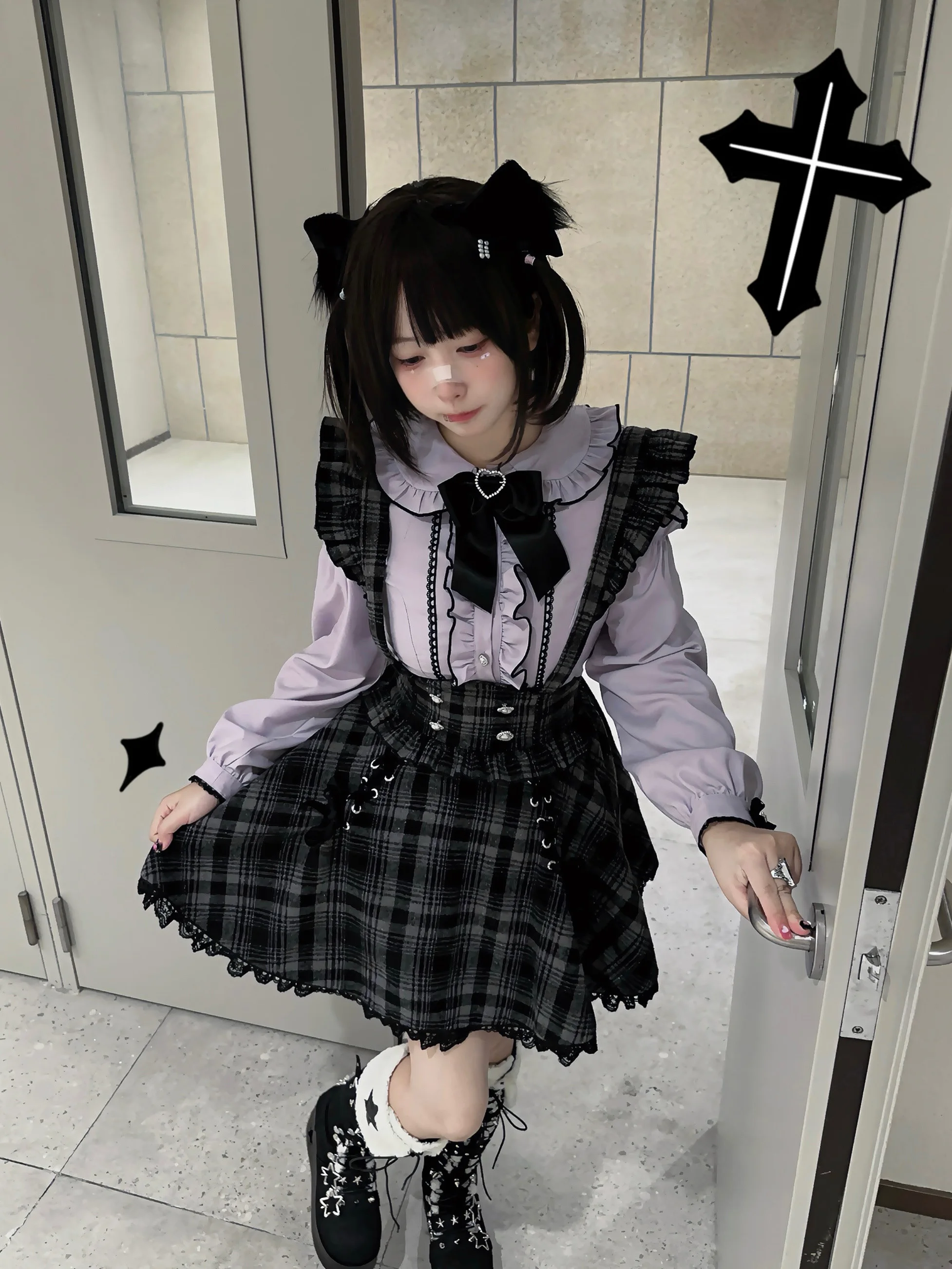 Mass-Produced Japanese Mine Purple Off Shoulder Doll Collar Single-Breasted Shirt High Waist Lace-up Woolen Plaid Skirt Women