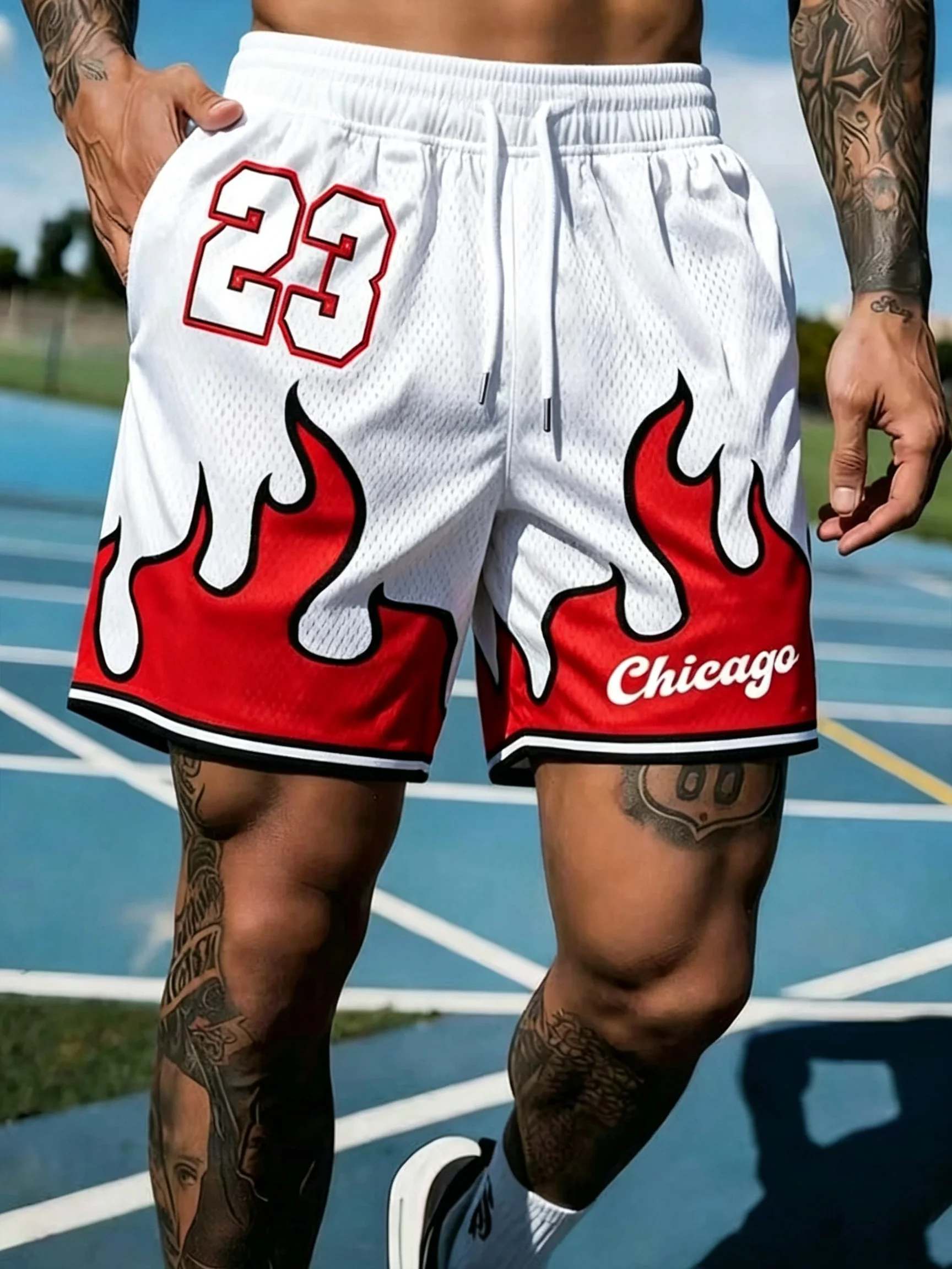 Fashion White Red Flame Print Chicago Athletic Gym Shorts Summer Streetwear Casual Breathable Quick Drying Sporty Shorts Moto
