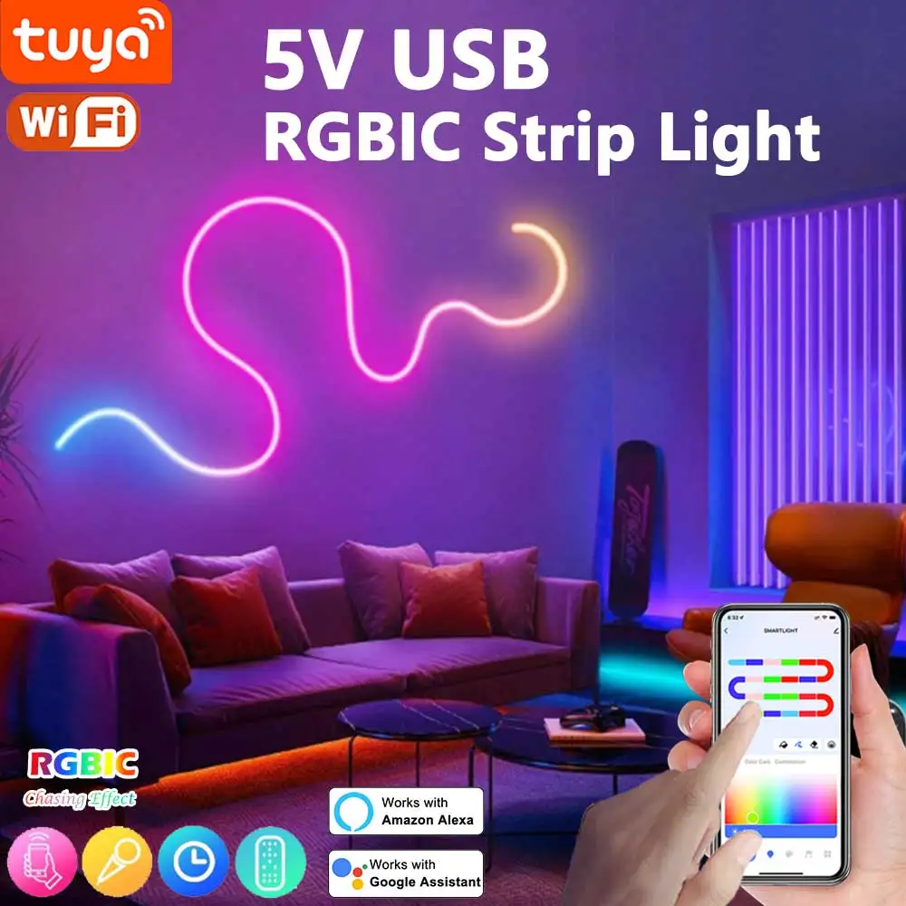 TUYA Neon LED Strip Lights 5V Neon Rope Light 72LEDs/M Silicone with Music Sync RGBIC Dreamcolor Chasing Strip Tape for Room