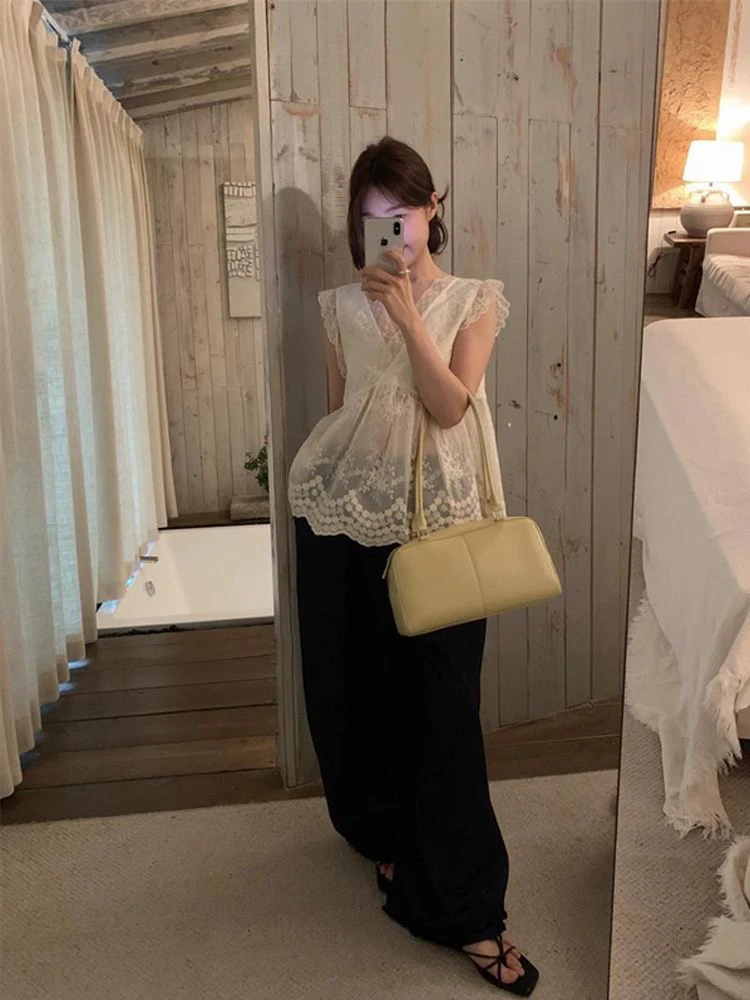 Korean Sle V-Ne Lace Top Women's Summer New Bal Splice Lace Svel Vest Small irt Breathable Comfortable Skin-...