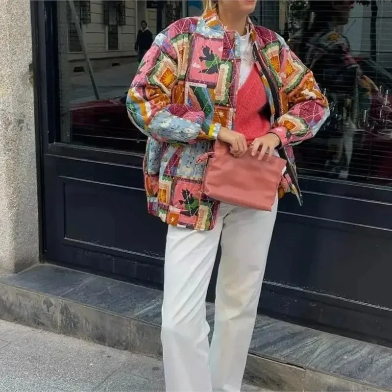 

Retro Printed Jacket Coat Women Simple Casual Loose Quilted Coats 2025 New Autumn Single-breasted Long Sleeve Jackets Overcoat