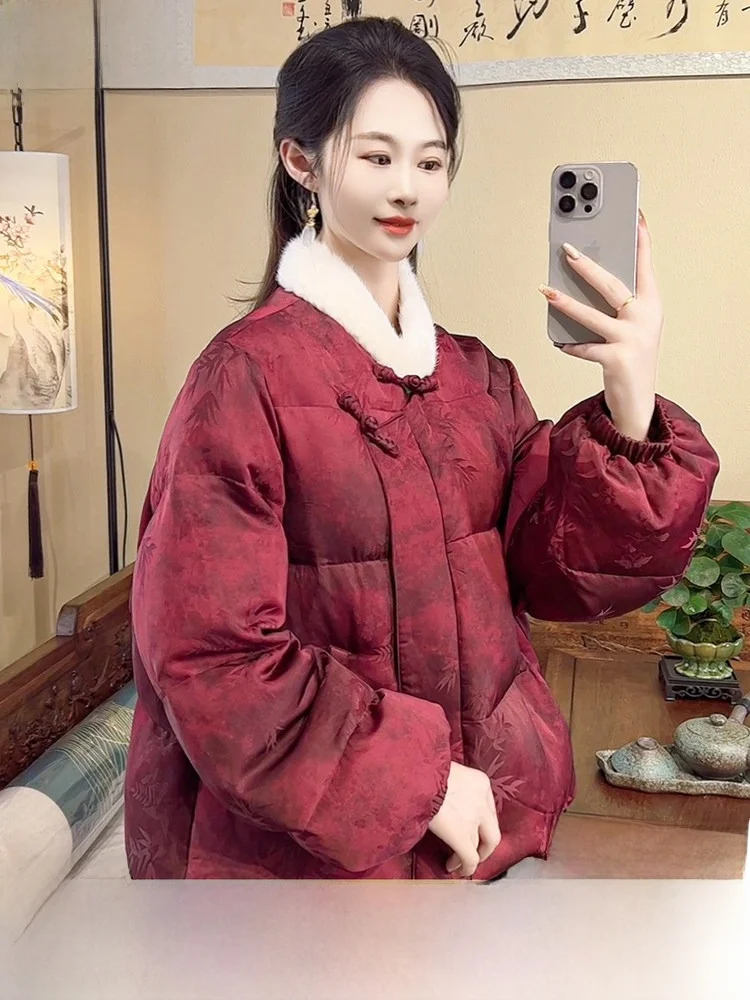 

New Chinese Sle ort down Jaet Women's Winter Coat Dyed Wine Red Mink Collar 90 White Goose down Thiened Warm Coat