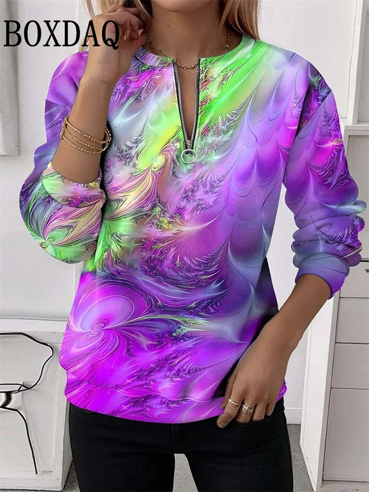 Fashion Tie Dye Abstract Print Pattern Women's Long Sleeve Sweatshirt Casual Daily Street V-Neck Zipper Autumn Winter Tops 2025