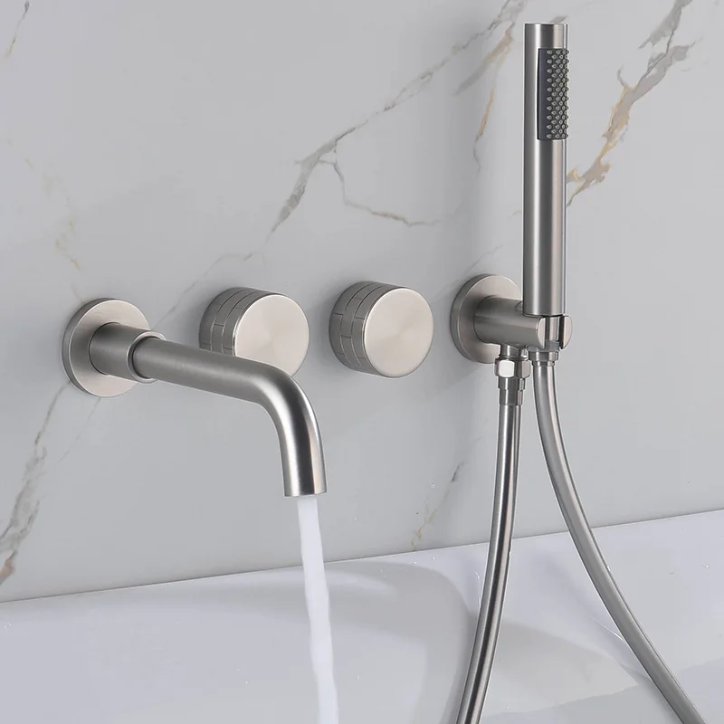 

Brushed Nickel Bathtub Faucet, Waterfall Spout, Wall Mounted Tub Filler with Handheld Shower