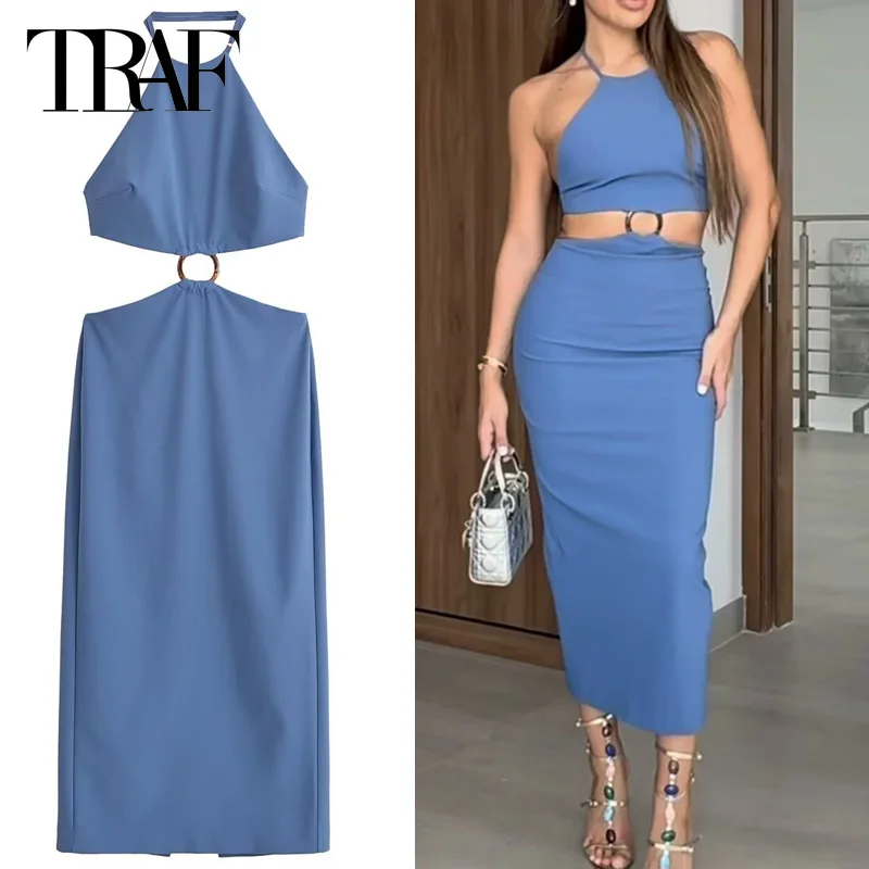 TRAF Female Dress Off Shoulder Halter Neck Midi Dress Cut Out Long Dresses For Women Woman Summer Backless Sexy Party Dresses