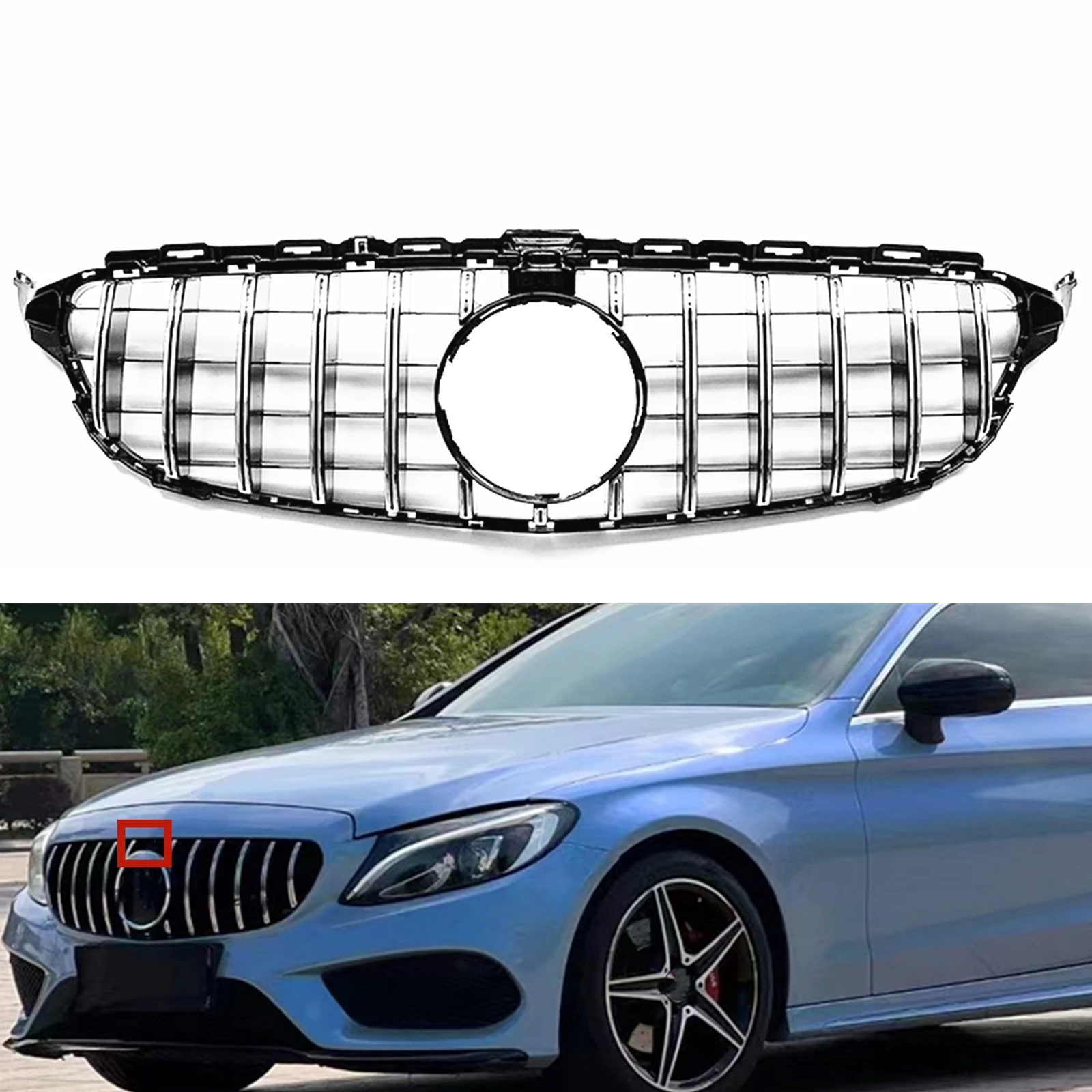 Car Front Grille Racing Grills Upper Hood Mesh W/ Camera Hole For Mercedes Benz C Class W205 2015-2018 GT Style