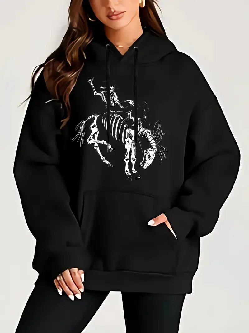 

Толстовка больших размеров на Хэллоуин, ретро, скелет, лошадь, принт, буквенный принт, полиэстер, женская толстовка с капюшоном, идеальный праздничный подарок, 550 г