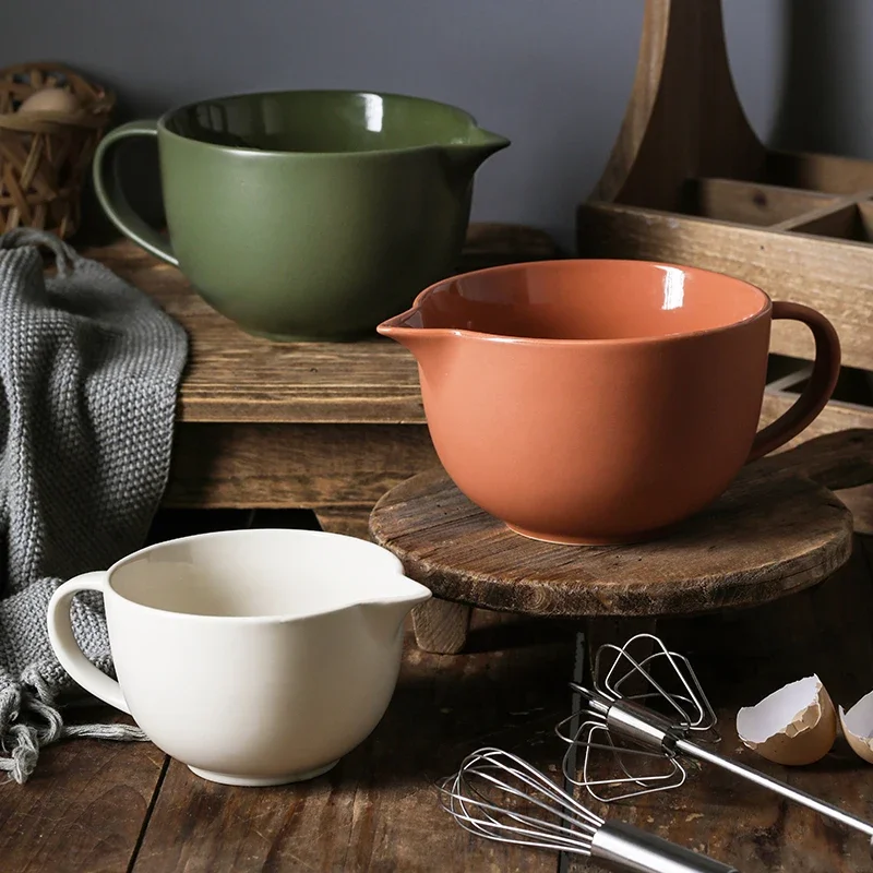Baking Utensils Ceramic Whisk Bowl Kitchen Household Pointed Cup with Handle Baking The Mixing Bowl Batter Bowl Kitchen Supplies