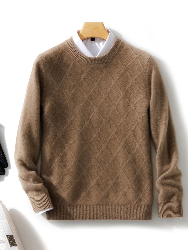 Autumn Winter Men Wool Pullover O-neck Long Sleeve Cashmere Sweater Rhombus Knit Smart Casual Clothing 100% Merino Wool Knitwear