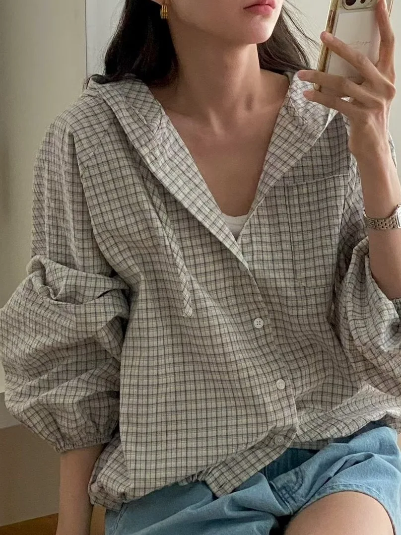 

Retro Plaid Hooded irt Jaet Women's Korean Sle Early Autumn New Open Cardigan irt Ele Single Button Long Sve Top