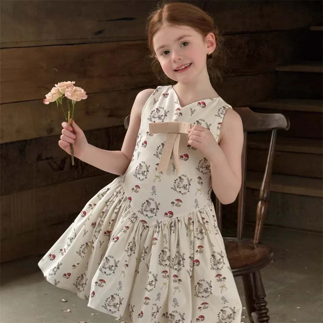 

2026 Spring Summer New Girls Sleeveless Forest Style Vintage Dress Inner Mesh Heavy Industry Dress for Girls