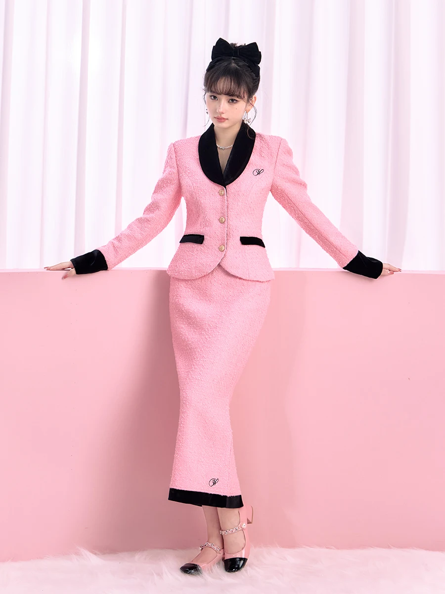 Korean Style Pink Classic Coat Velvet Fabric Stitching Suit Women\'s Autumn Hip Skirt Elegant Suit Skirt Pink Tweed Set Sweet