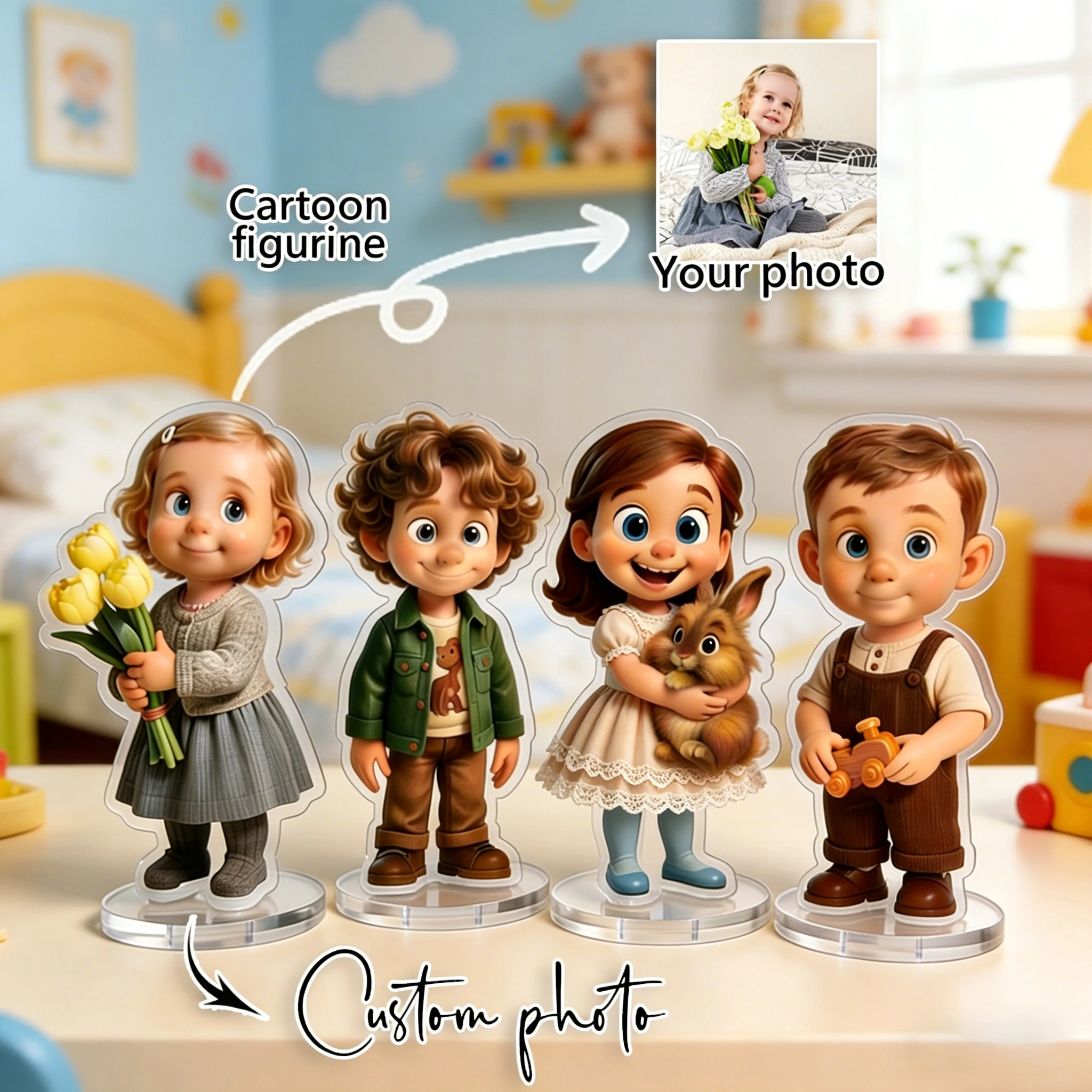Figurine personnalisée en acrylique avec photo de dessin animé, portrait d'enfant, décoration de table, cadeau photo personnalisé pour la chambre d'enfant B