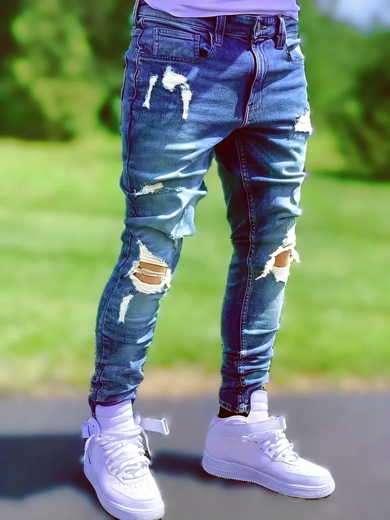 

Men's Ripped Skinny Jeans, Blue Washed Stretch Slim Fit Denim Pants, Distressed Destroyed Hole Design Casual Streetwear Jeans