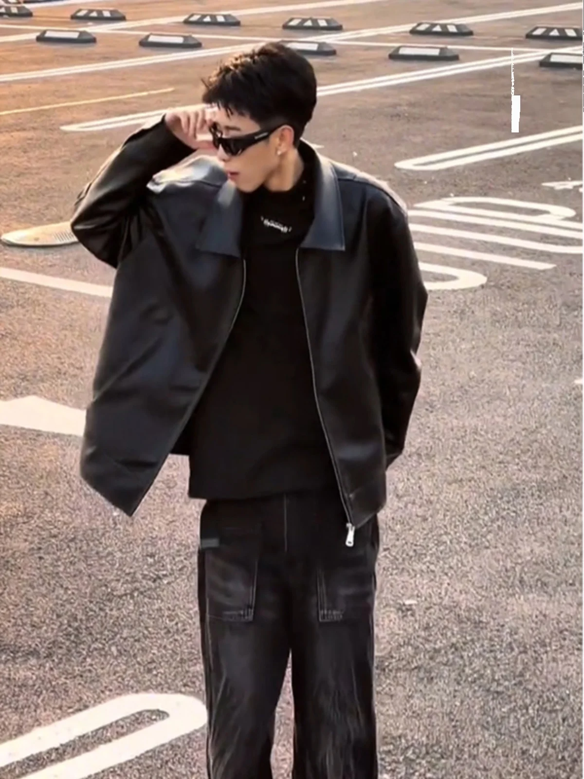 

Cleanfit Bla Collared Biker Jaet Men's Spring Autumn ort Baseball Sle Leather Coat Youth Trendy Windproof Outerwear