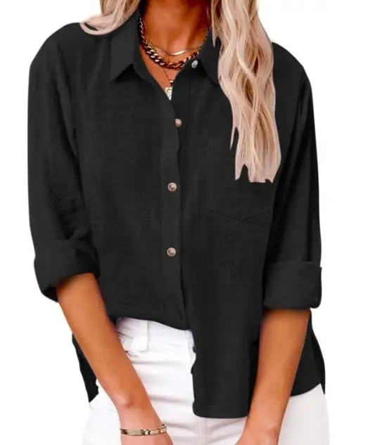 Summer Women's Fashion New Style Buttoned Long Sleeve Pocket Design Shirt Pocket Slit Casual Long Sleeved Shirt