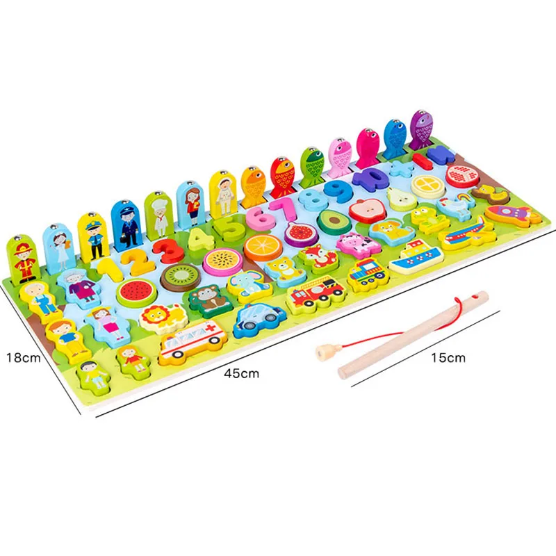 New Kids Animal Fruit Voertuig Beroep Multifunctioneel Houten Speelgoed Digit Match Board Vorm Cognitie Cartoon Match Vissen Speelgoed