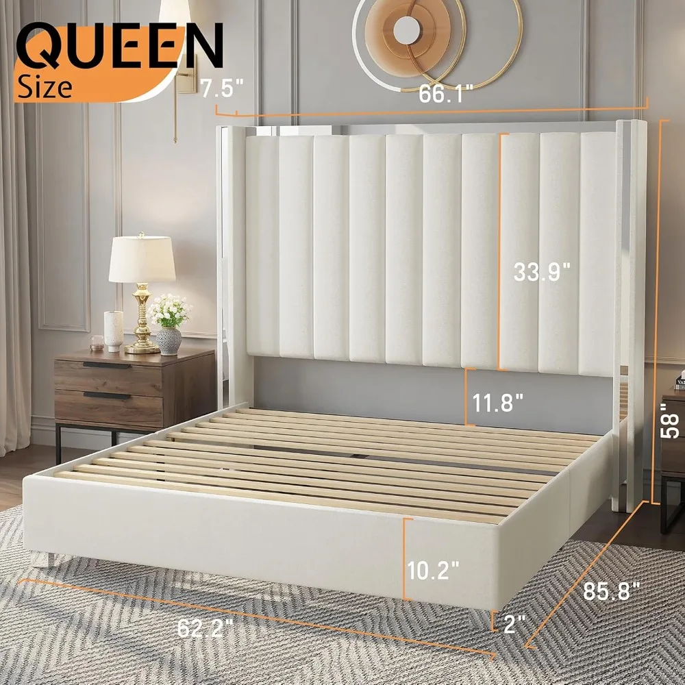 Large bed frame with 58 inch channel cluster wing back headboard and electroplated decoration, no need for springs