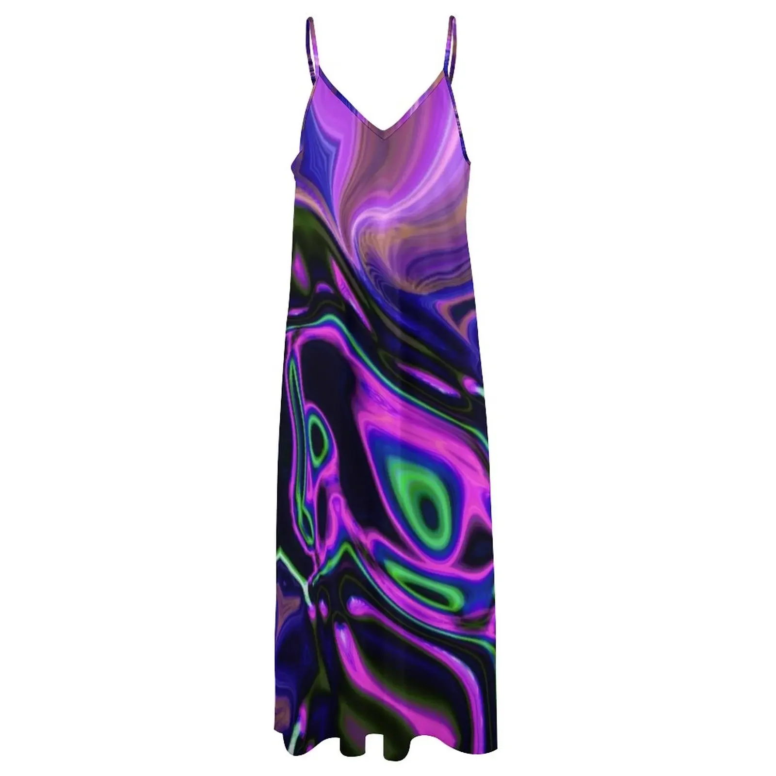 Vestido feminino de manga comprida verde neon e roxo, rodadas a laser abstratas, sem mangas, moderno, feminino