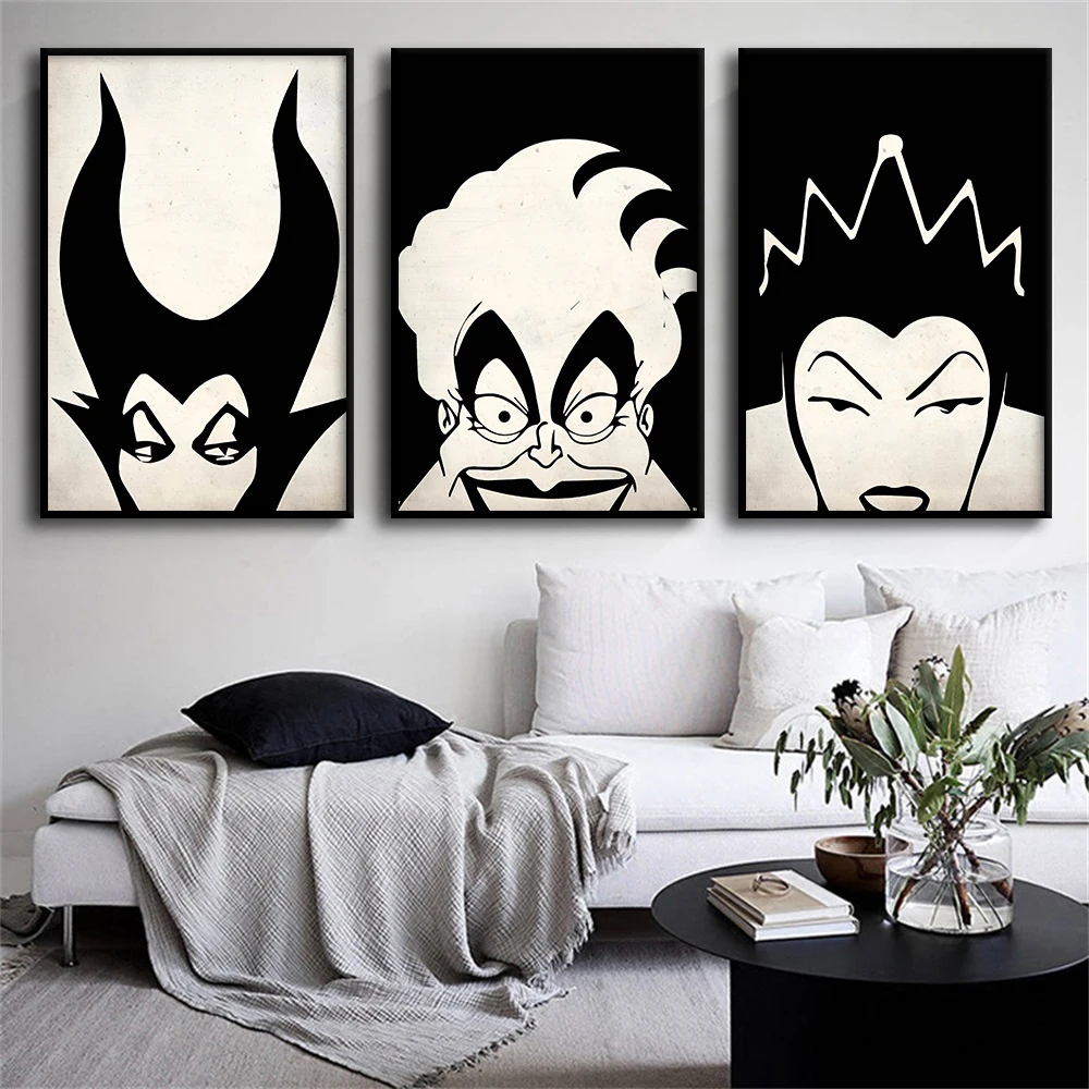 Disney Villains Portrait Poster Minimalist Wall Art Canvas Painting Prints Black White Picture for Kids Room Home Decor Cuadros