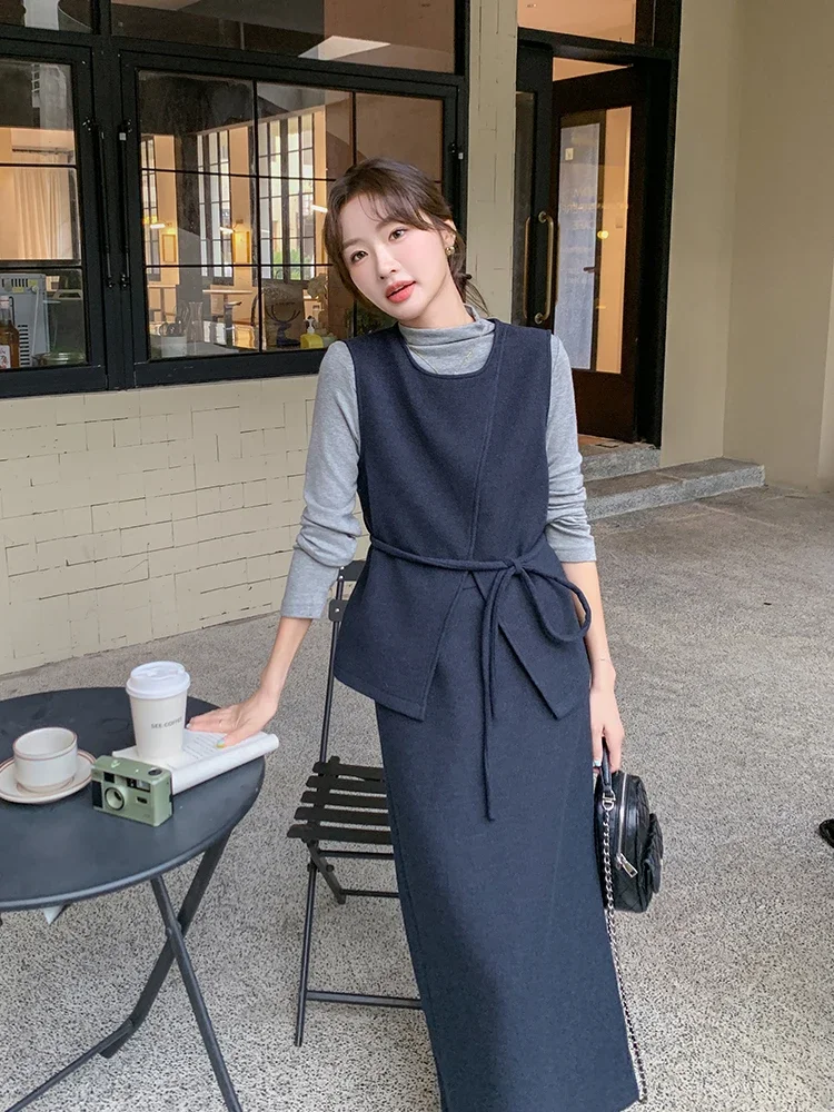 Navy Blue Korean Style Temperament Vest Suit Skirt Office Lady Autumn 2024 New High-end Skirt Three-piece Sets Women Outfits