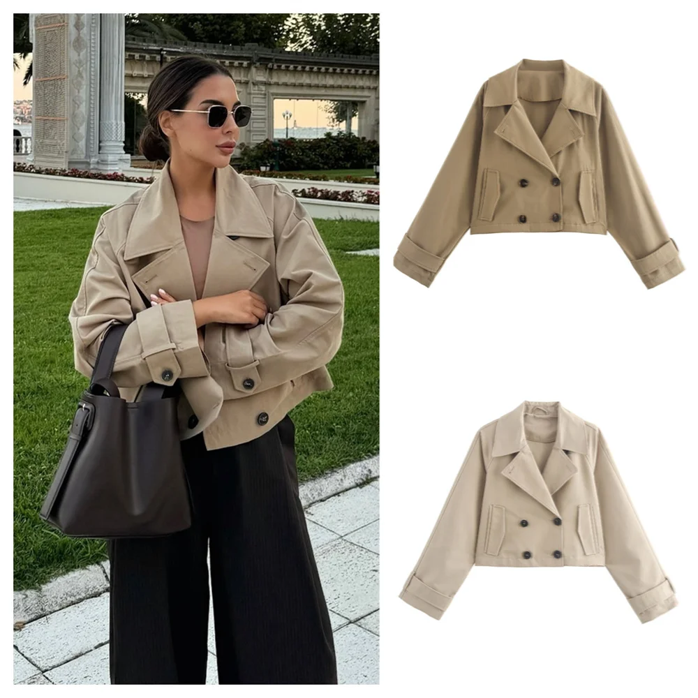 PB&ZA2024 autumn new women\'s versatile suit collar windbreaker style long sleeved double breasted elegant jacket short jacket