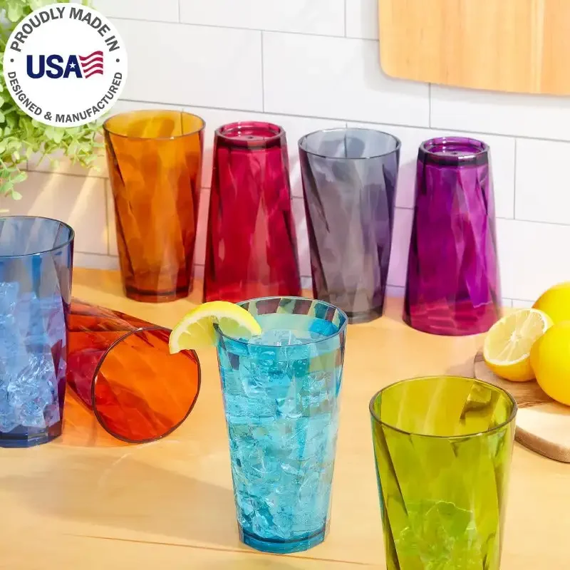 Optix Plastic Reusable Drinking Glasses (Set of 8) 20oz Water Cups in Jewel Tone Colors |  Tumblers,Dishwasher Safe