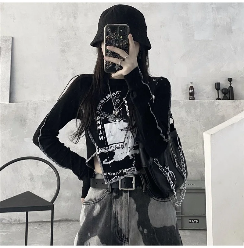 

Goth New Fashion Women Blosue Long Sleeve Printing Patchwork Round Neck Slim Pullover Gothic Ladies Blouse For Spring