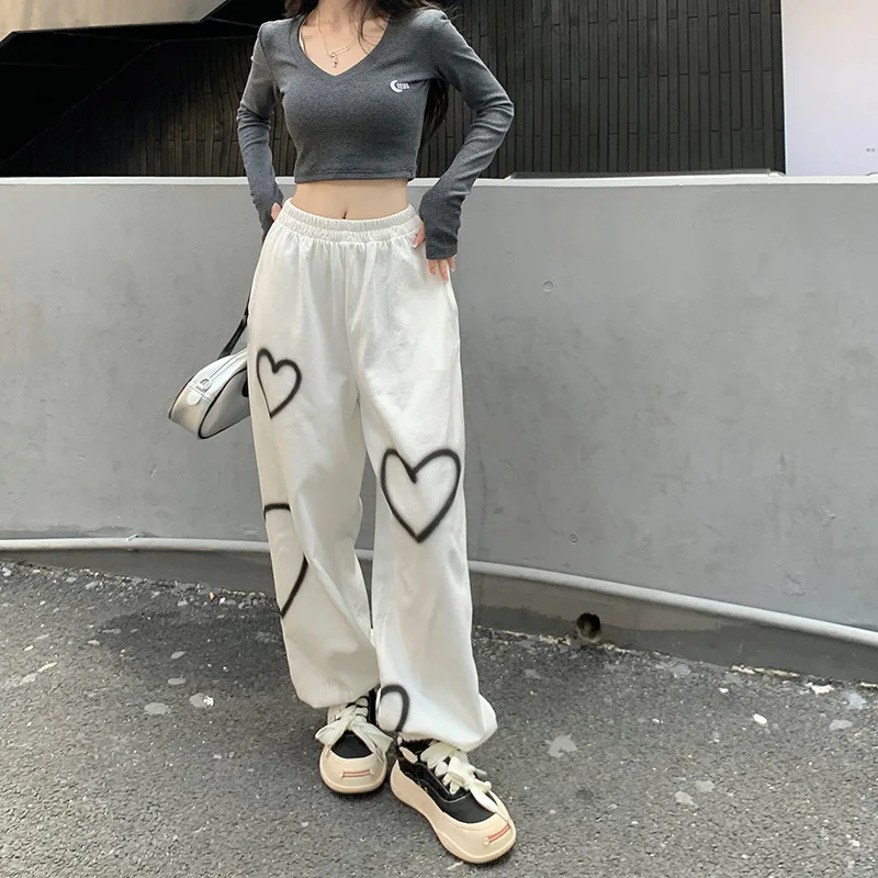 Heart Printing Sweatpants Women Loose Straight Joggers High Waist Sweatpants Wide Leg Pants Streetwear Hip Hop Trousers