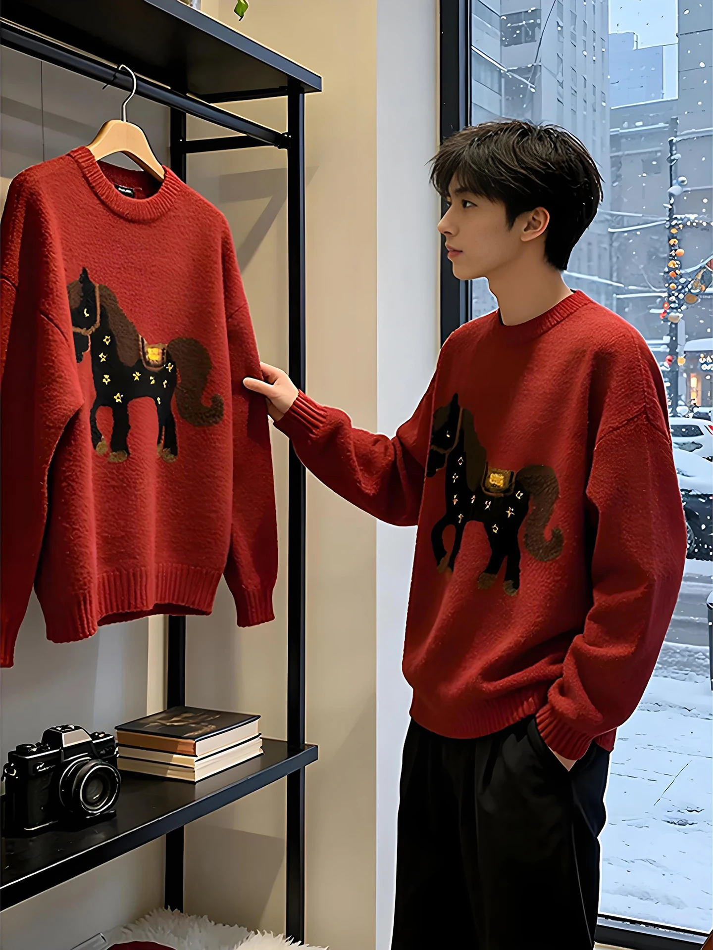 

Красный вязаный утепленный свитшот мужской, осенне-зимний, модный, брендовый, в стиле кэжуал, для ношения под одеждой, мягкий, теплый, с круглым вырезом.