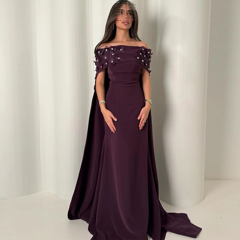 

Customized High Quality Boat Neck Jersey Evening Dress Classic Flowers Prom Dresses Modern Watteau Train Special Occasion Gowns