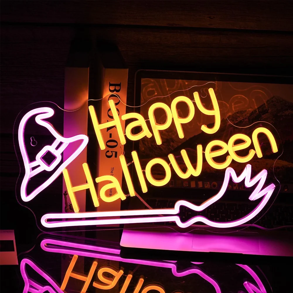 Happy Halloween Neon Sign Witch Hat Neon Sign Dimmable Broom Led Wall Decor Neon Lights Halloween Decorations for Home Party