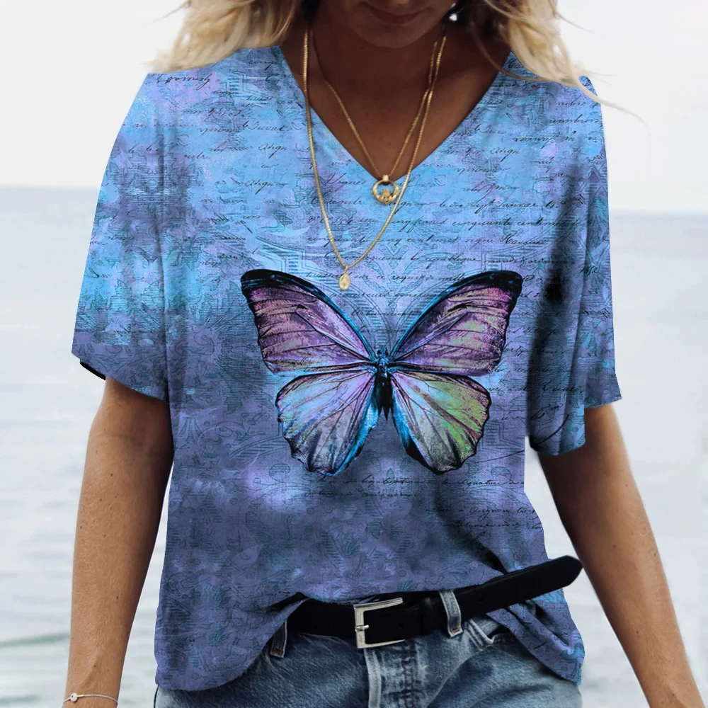 V-Neck Short Sleeve Tshirt Fashions Women\'s Tshirts Plus Size Tops Summer Butterfly Casual Clothing Retro Everyday Life Clothing