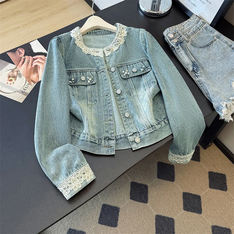 

Модная кружевная лоскутная синяя короткая джинсовая куртка, весенне-осенняя женская однобортная ковбойская куртка с круглым вырезом и длинными рукавами, уличная одежда